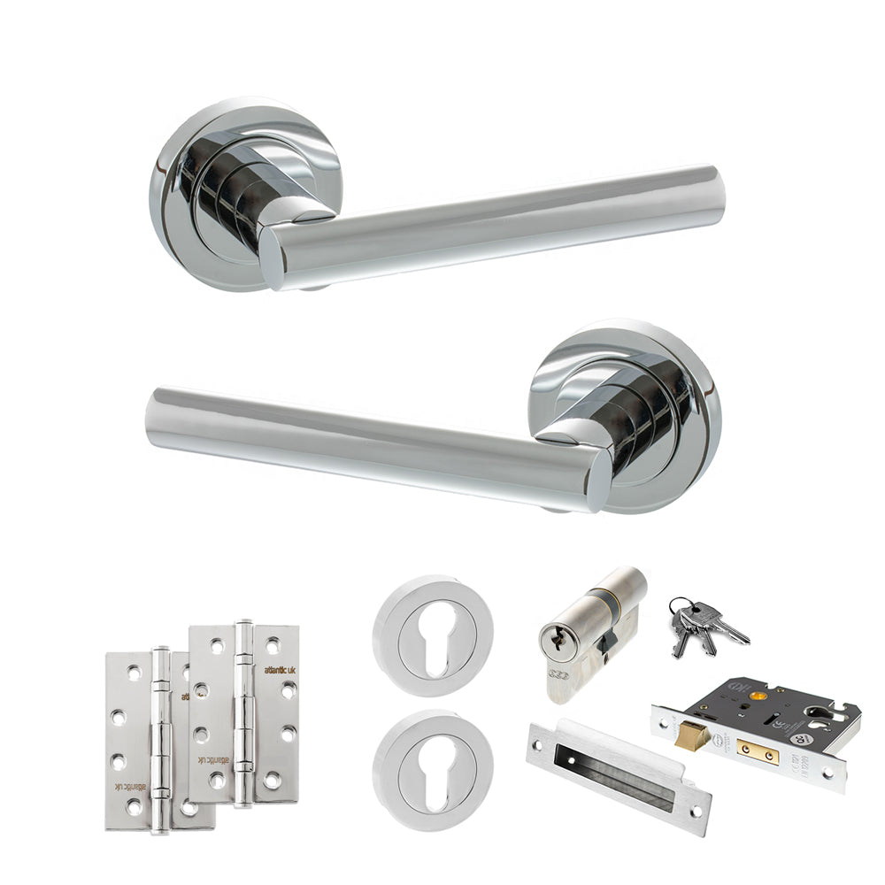 STATUS Nebraska Door Handle Pack (Euro Lock Set - 3" CE Sashlock, 4" Slim Knuckle Hinges x2) - Polished Chrome
