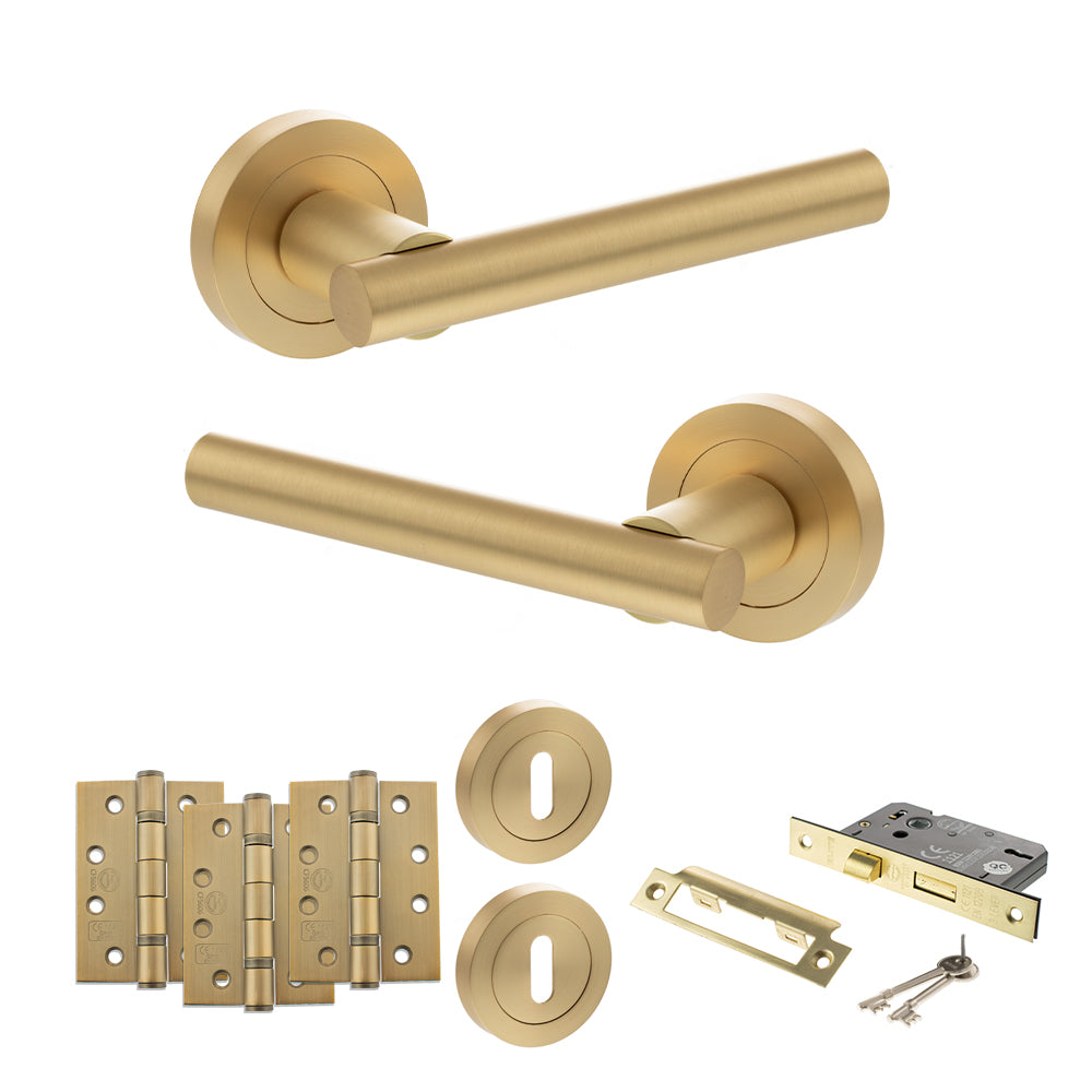 STATUS Nebraska Door Handle Pack (3 Lever Lock Set - 3" CE Sashlock, 4" Fire Rated Hinges x3) - Satin Brass