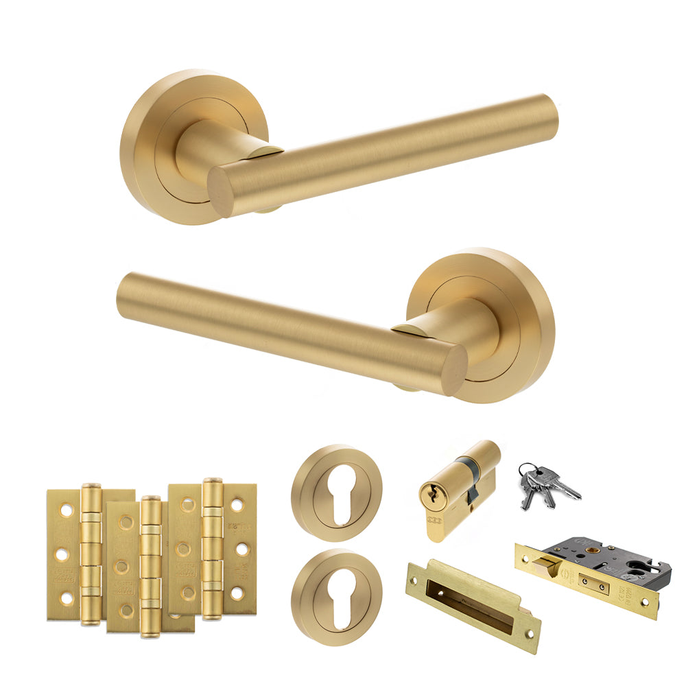 STATUS Nebraska Door Handle Pack (Euro Lock Set - 3" CE Sashlock, 3" Premium Hinges x3) - Satin Brass