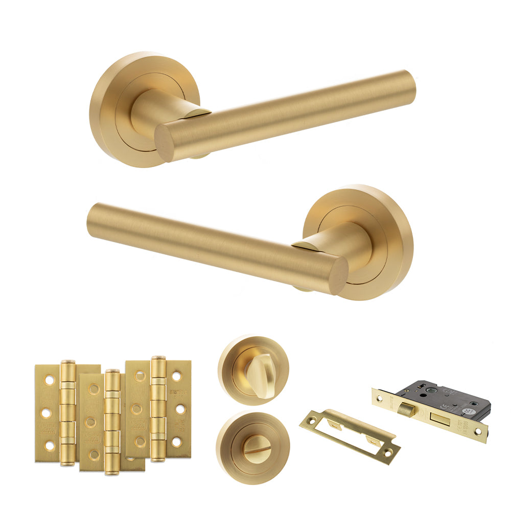 STATUS Nebraska Door Handle Pack (Bathroom Set - 2.5" CE Bathroom Lock, 3" Premium Hinges x3) - Satin Brass