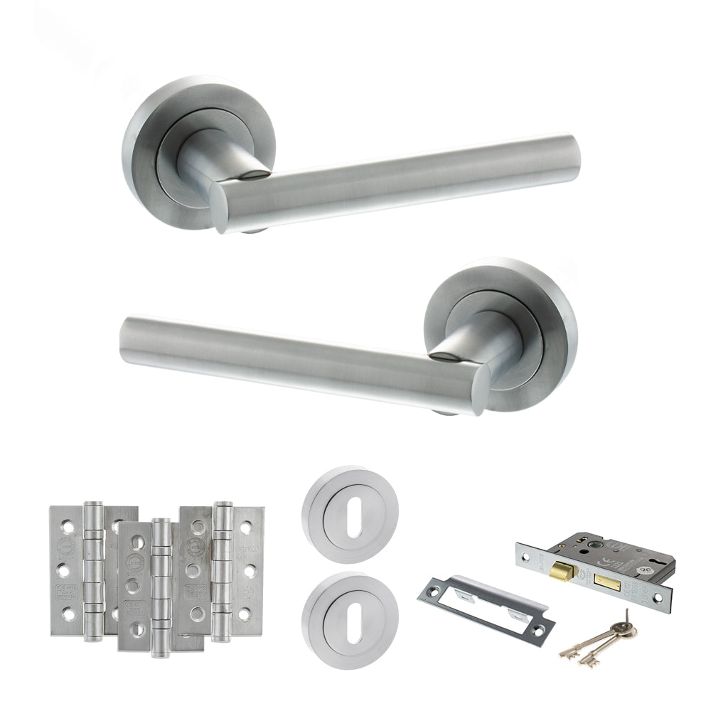 STATUS Nebraska Door Handle Pack (3 Lever Lock Set - 3" CE Sashlock, 3" Premium Hinges x3) - Satin Chrome