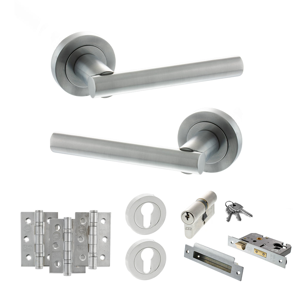 STATUS Nebraska Door Handle Pack (Euro Lock Set - 3" CE Sashlock, 3" Premium Hinges x3) - Satin Chrome