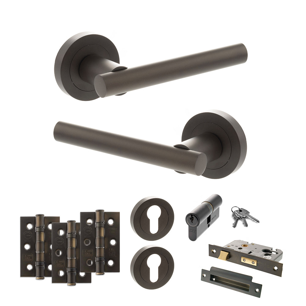 STATUS Nebraska Door Handle Pack (Euro Lock Set - 3" CE Sashlock, 3" Premium Hinges x3) - Urban Dark Bronze