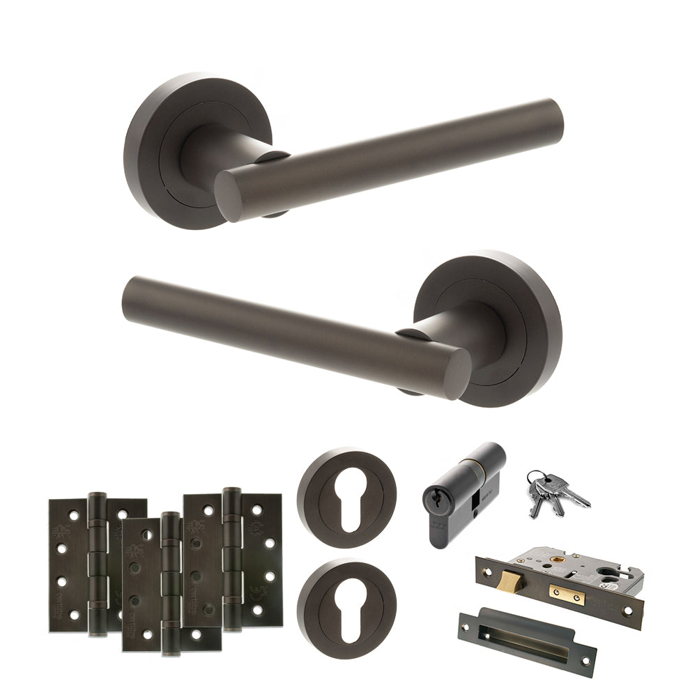 STATUS Nebraska Door Handle Pack (Euro Lock Set - 3" CE Sashlock, 4" Fire Rated Hinges x3) - Urban Dark Bronze