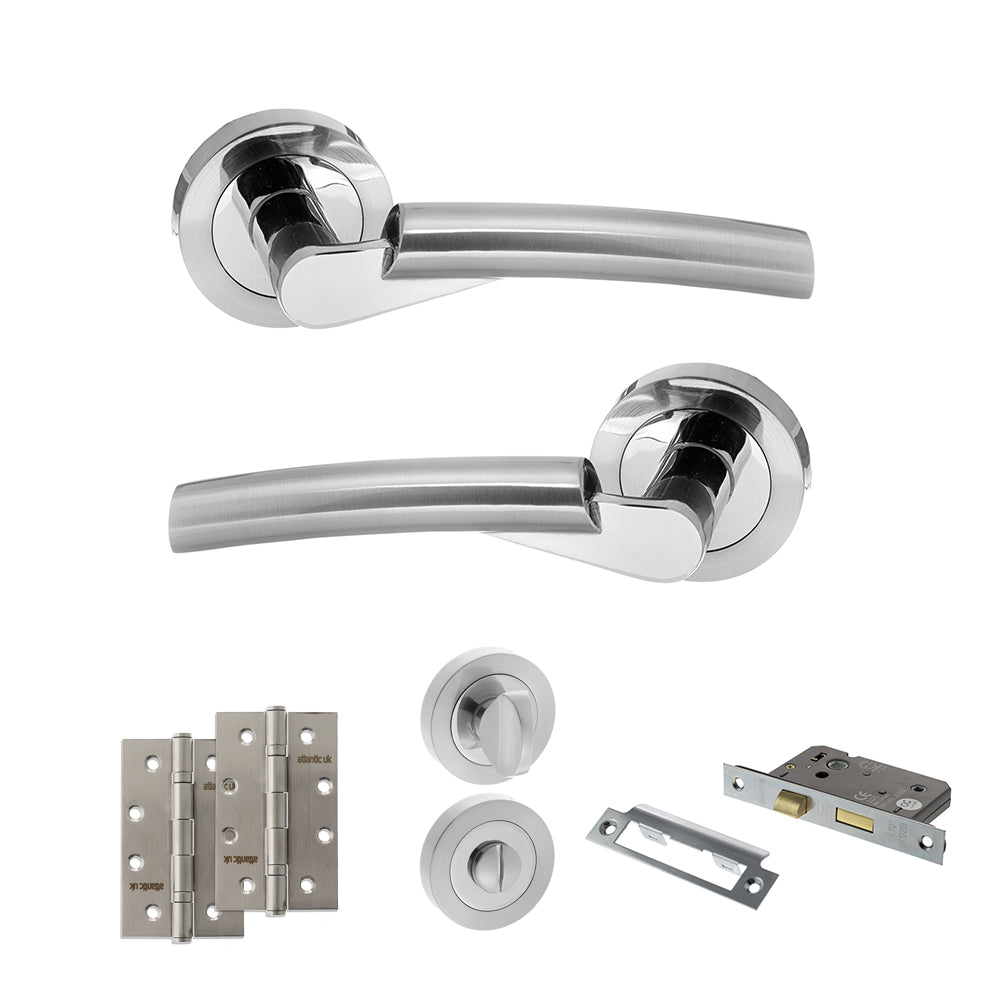 STATUS Florida Door Handle Pack (Bathroom Set - 2.5" CE Bathroom Lock, 4" Slim Knuckle Hinges x2) - Satin Chrome/Polished Chrome