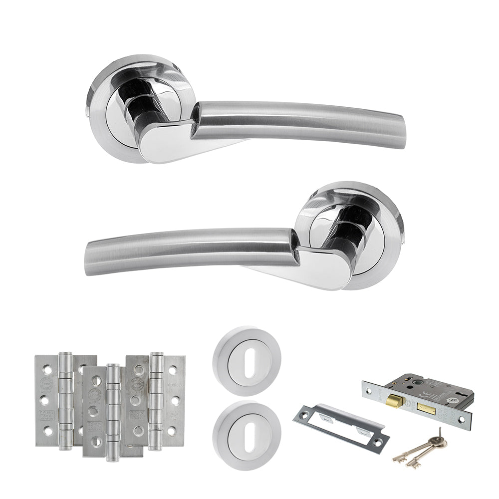 STATUS Florida Door Handle Pack (3 Lever Lock Set - 2.5" CE Sashlock, 3" Premium Hinges x3) - Satin Chrome/Polished Chrome