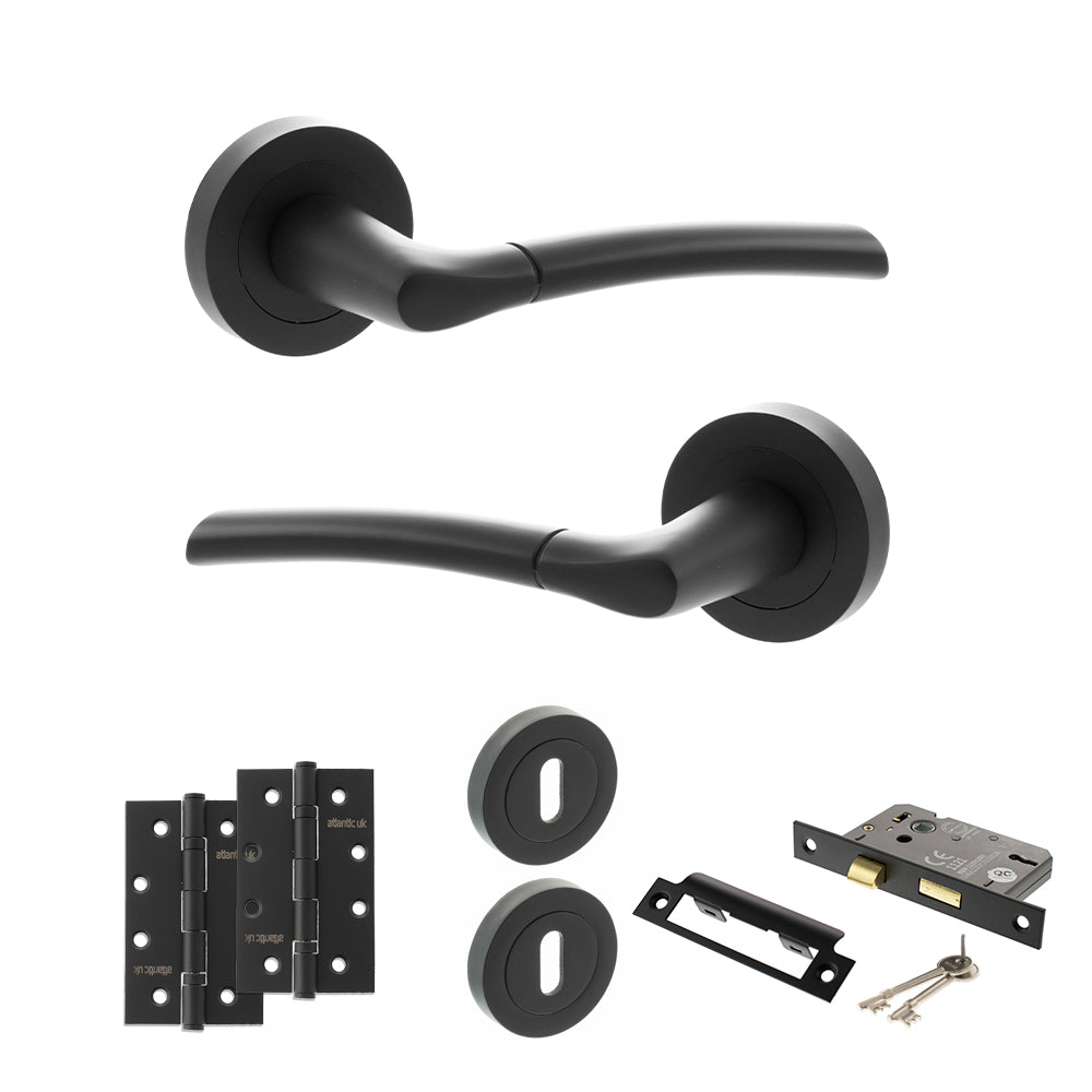 STATUS Indiana Door Handle Pack (3 Lever Lock Set - 3" CE Sashlock, 4" Slim Knuckle Hinges x2) - Matt Black