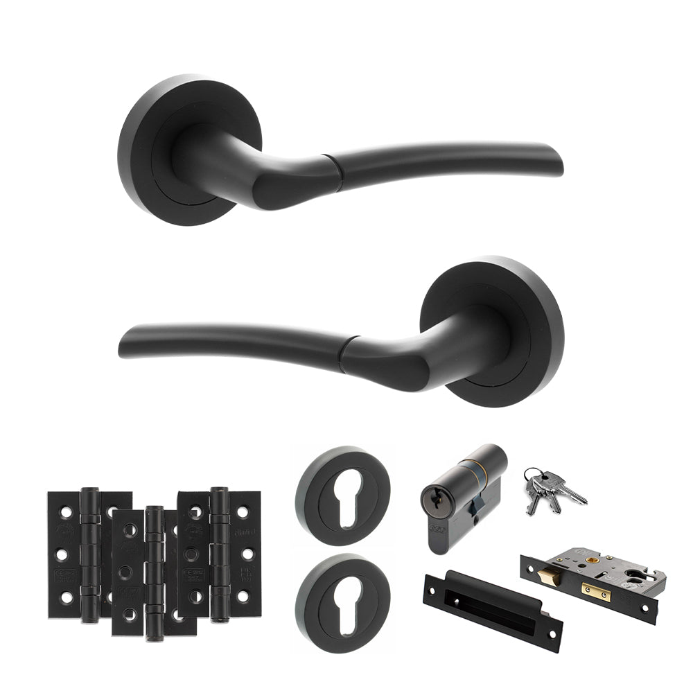 STATUS Indiana Door Handle Pack (Euro Lock Set - 2.5" CE Sashlock, 3" Premium Hinges x3) - Matt Black