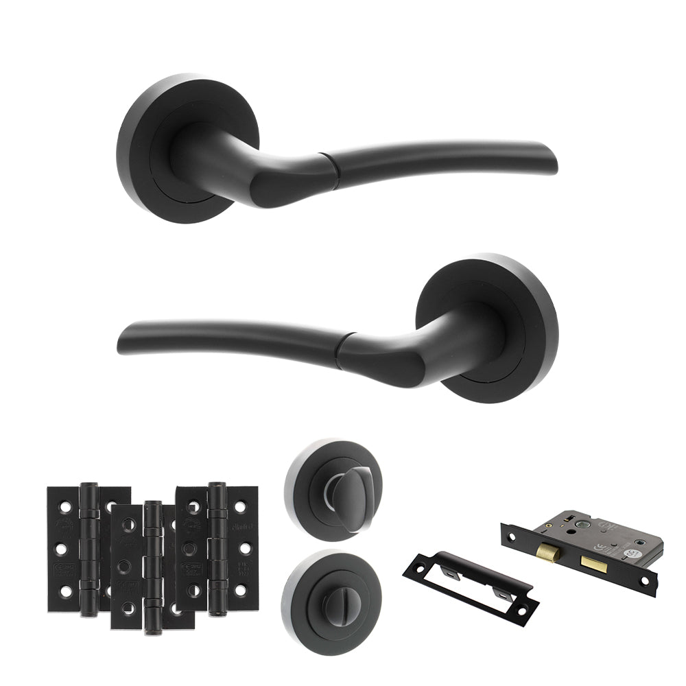 STATUS Indiana Door Handle Pack (Bathroom Set - 3" CE Bathroom Lock, 3" Premium Hinges x3) - Matt Black