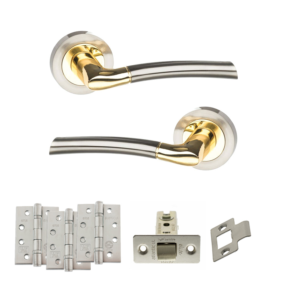 STATUS Indiana Door Handle Pack (Latch Set - 2.5" CE Latch, 4" Fire Rated Hinges x3) - Satin Nickel/Polished Brass