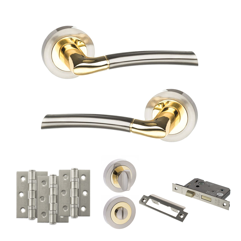 STATUS Indiana Door Handle Pack (Bathroom Set - 2.5" CE Bathroom Lock, 3" Premium Hinges x3) - Satin Nickel/Polished Brass