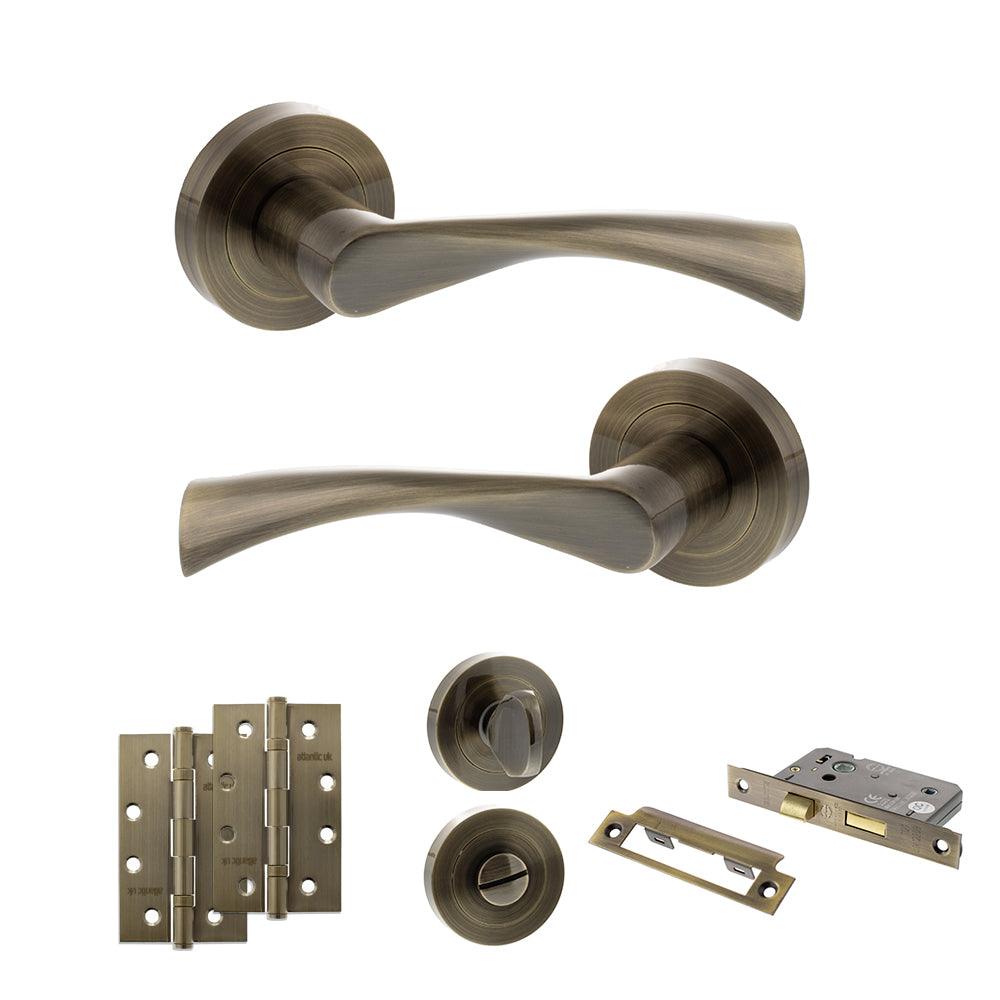 STATUS Colorado Door Handle Pack (Bathroom Set - 2.5" CE Bathroom Lock, 4" Slim Knuckle Hinges x2) - Antique Brass