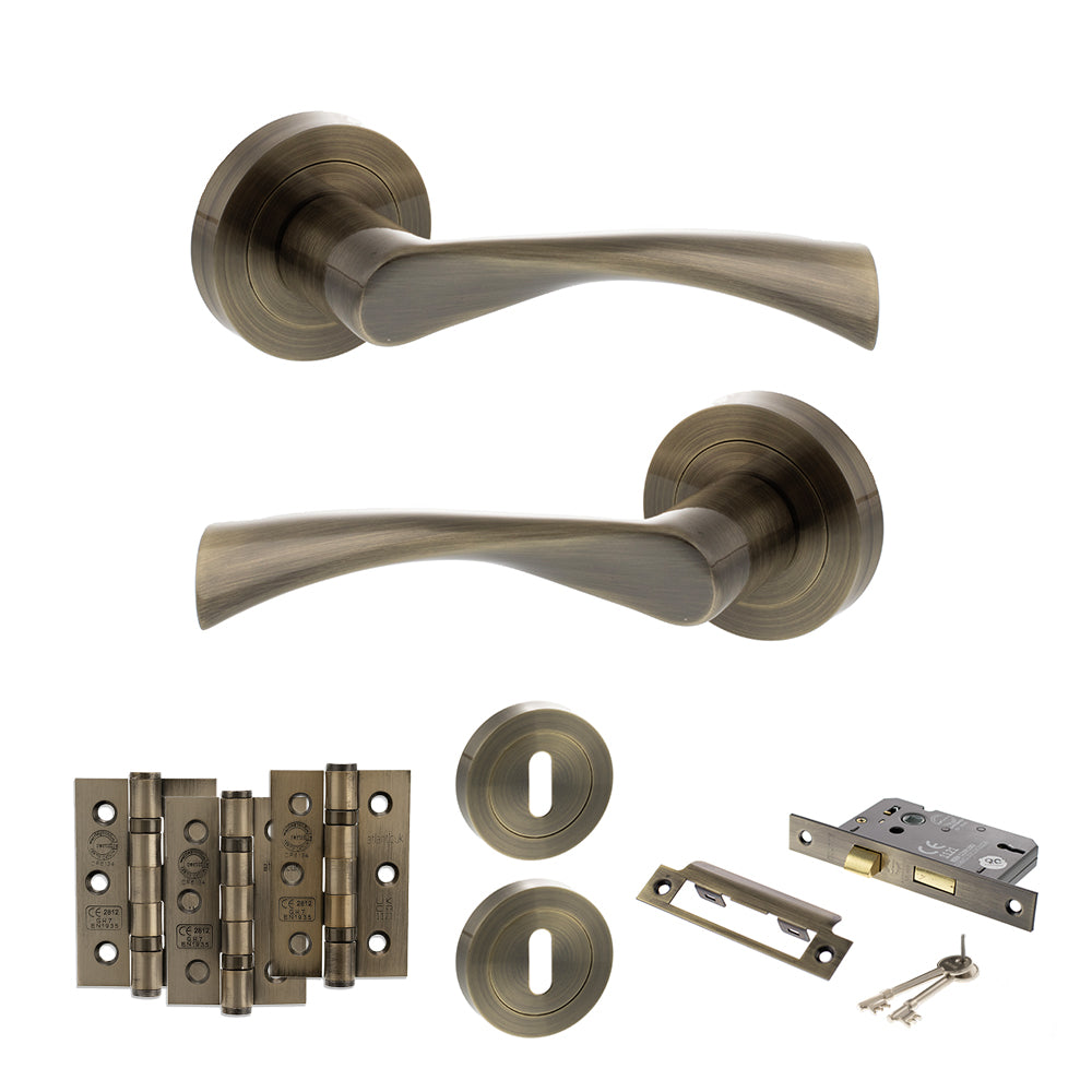 STATUS Colorado Door Handle Pack (3 Lever Lock Set - 2.5" CE Sashlock, 3" Premium Hinges x3) - Antique Brass