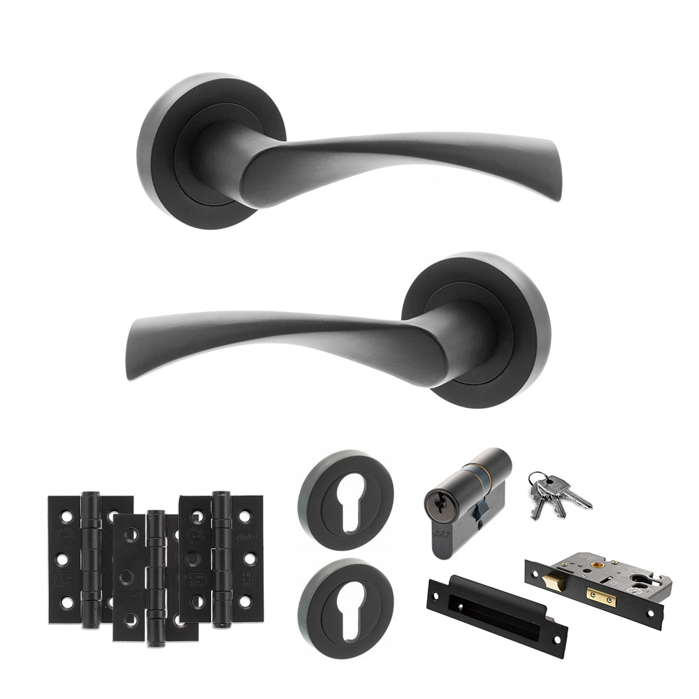 STATUS Colorado Door Handle Pack (Euro Lock Set - 3" CE Sashlock, 3" Premium Hinges x3) - Matt Black