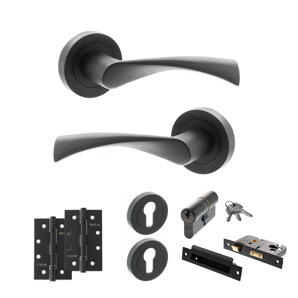 STATUS Colorado Door Handle Pack (Euro Lock Set - 3" CE Sashlock, 4" Slim Knuckle Hinges x2) - Matt Black