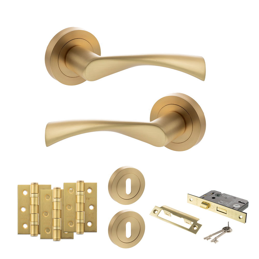 STATUS Colorado Door Handle Pack (3 Lever Lock Set - 3" CE Sashlock, 3" Premium Hinges x3) - Satin Brass