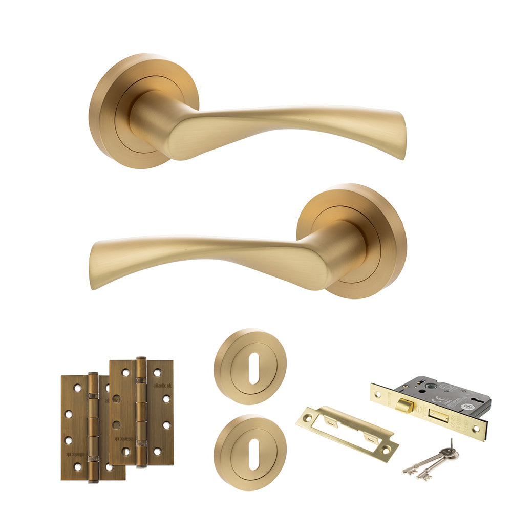 STATUS Colorado Door Handle Pack (3 Lever Lock Set - 2.5" CE Sashlock, 4" Slim Knuckle Hinges x2) - Satin Brass