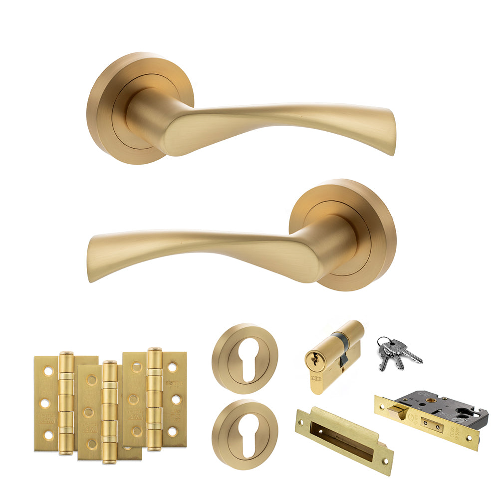 STATUS Colorado Door Handle Pack (Euro Lock Set - 3" CE Sashlock, 3" Premium Hinges x3) - Satin Brass