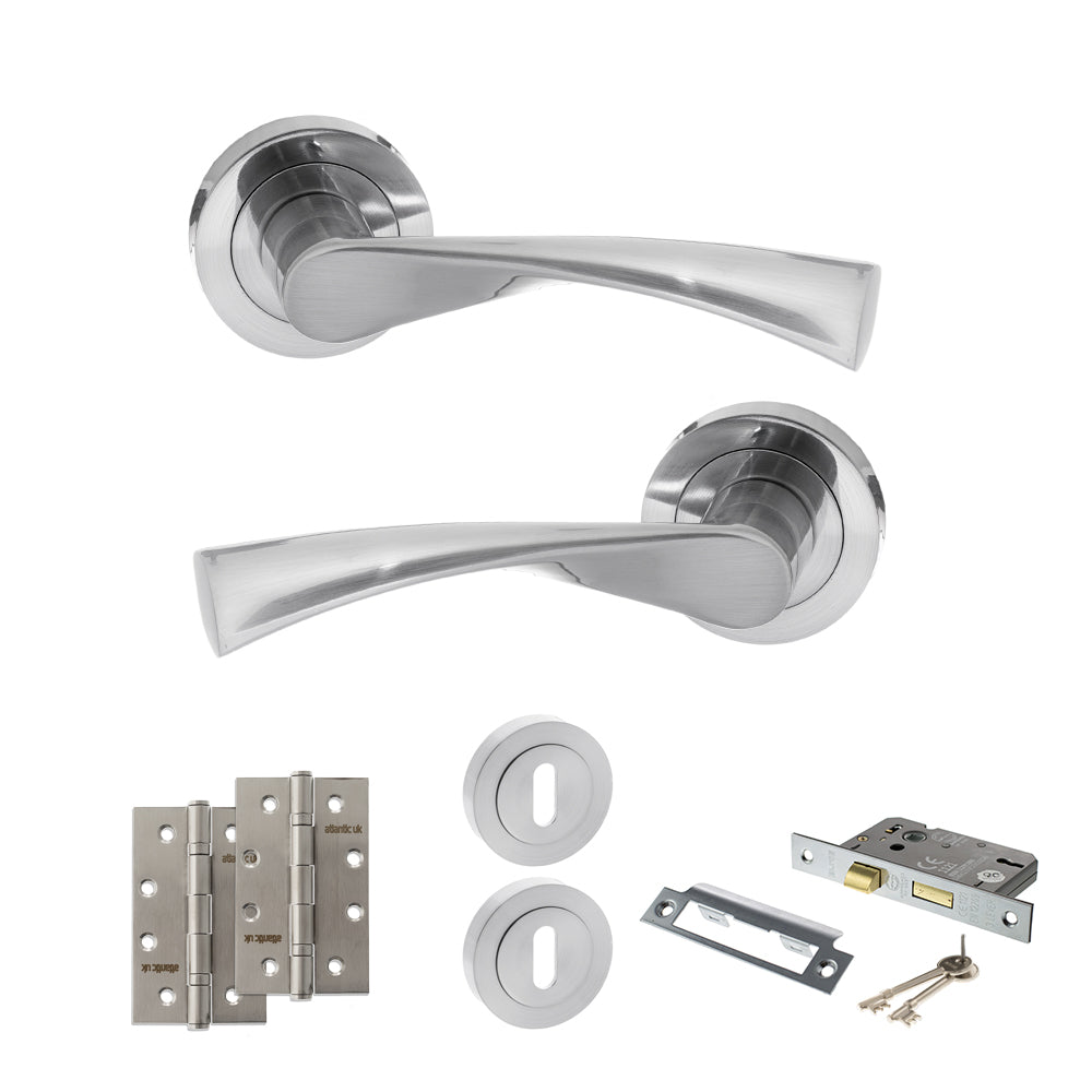 STATUS Colorado Door Handle Pack (3 Lever Lock Set - 3" CE Sashlock, 4" Slim Knuckle Hinges x2) - Satin Chrome