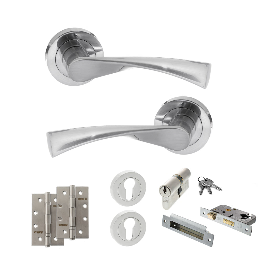 STATUS Colorado Door Handle Pack (Euro Lock Set - 3" CE Sashlock, 4" Slim Knuckle Hinges x2) - Satin Chrome