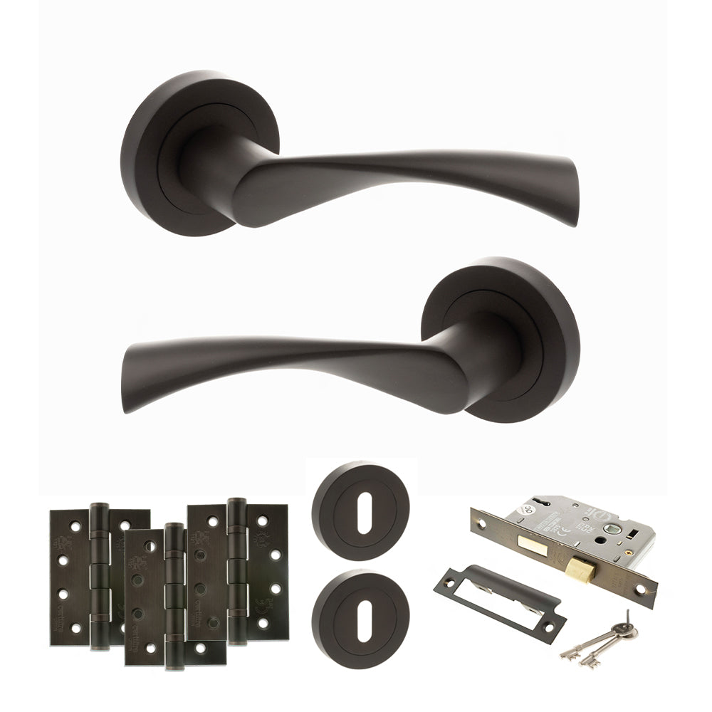STATUS Colorado Door Handle Pack (3 Lever Lock Set - 2.5" CE Sashlock, 4" Fire Rated Hinges x3) - Urban Dark Bronze