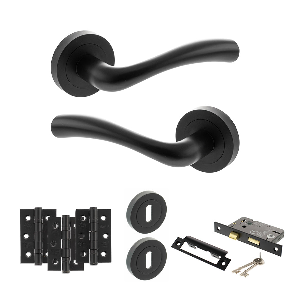 STATUS Texas Door Handle Pack (3 Lever Lock Set - 2.5" CE Sashlock, 3" Premium Hinges x3) - Matt Black