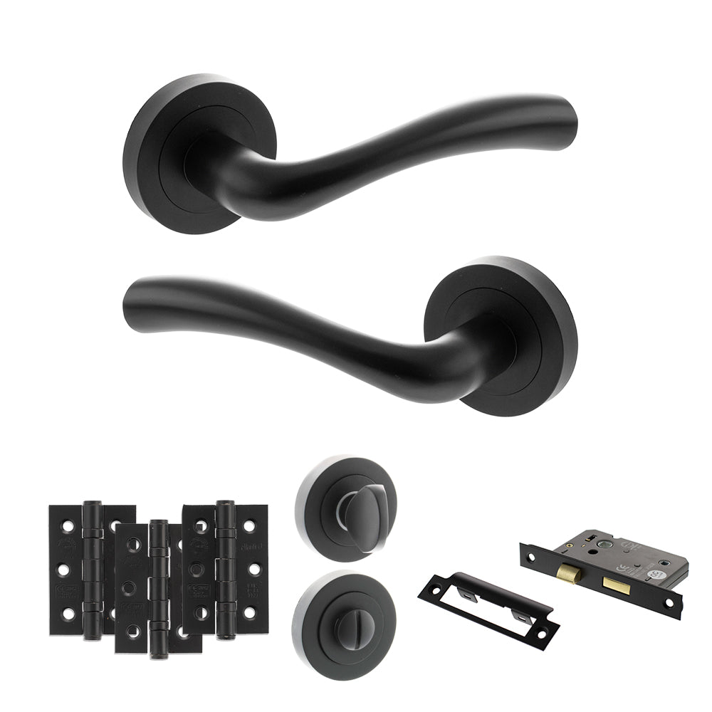 STATUS Texas Door Handle Pack (Bathroom Set - 2.5" CE Bathroom Lock, 3" Premium Hinges x3) - Matt Black