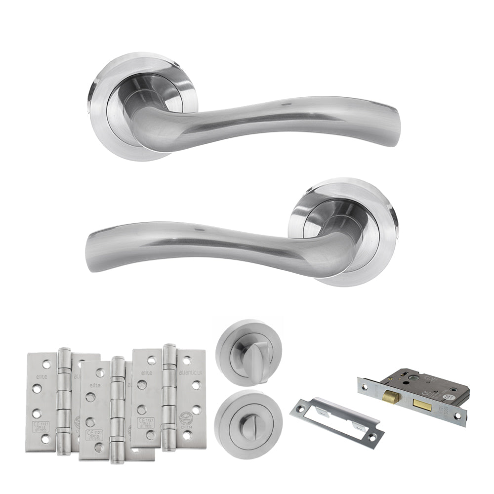STATUS Texas Door Handle Pack (Bathroom Set - 3" CE Bathroom Lock, 4" Fire Rated Hinges x3) - Satin Chrome