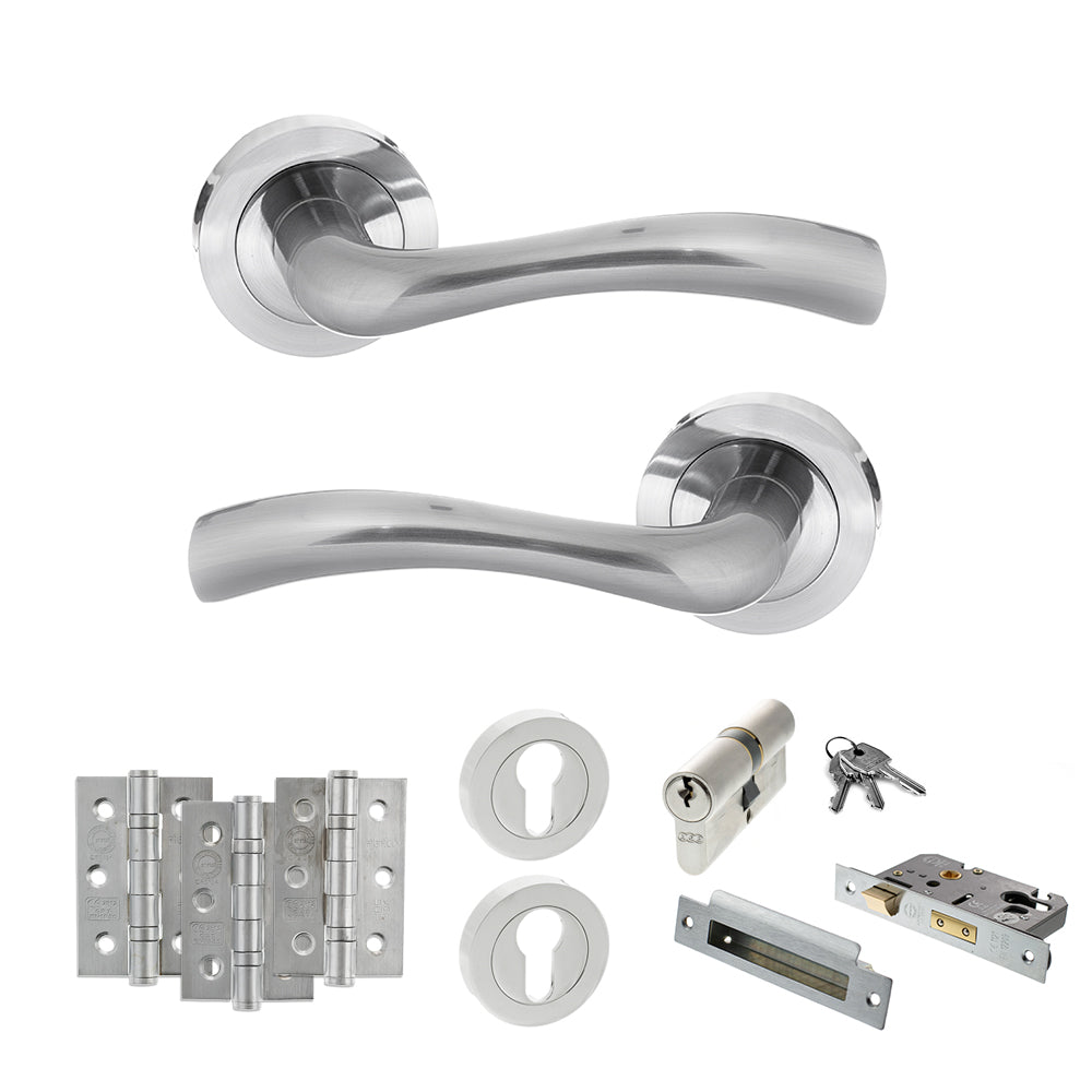 STATUS Texas Door Handle Pack (Euro Lock Set - 2.5" CE Sashlock, 3" Premium Hinges x3) - Satin Chrome