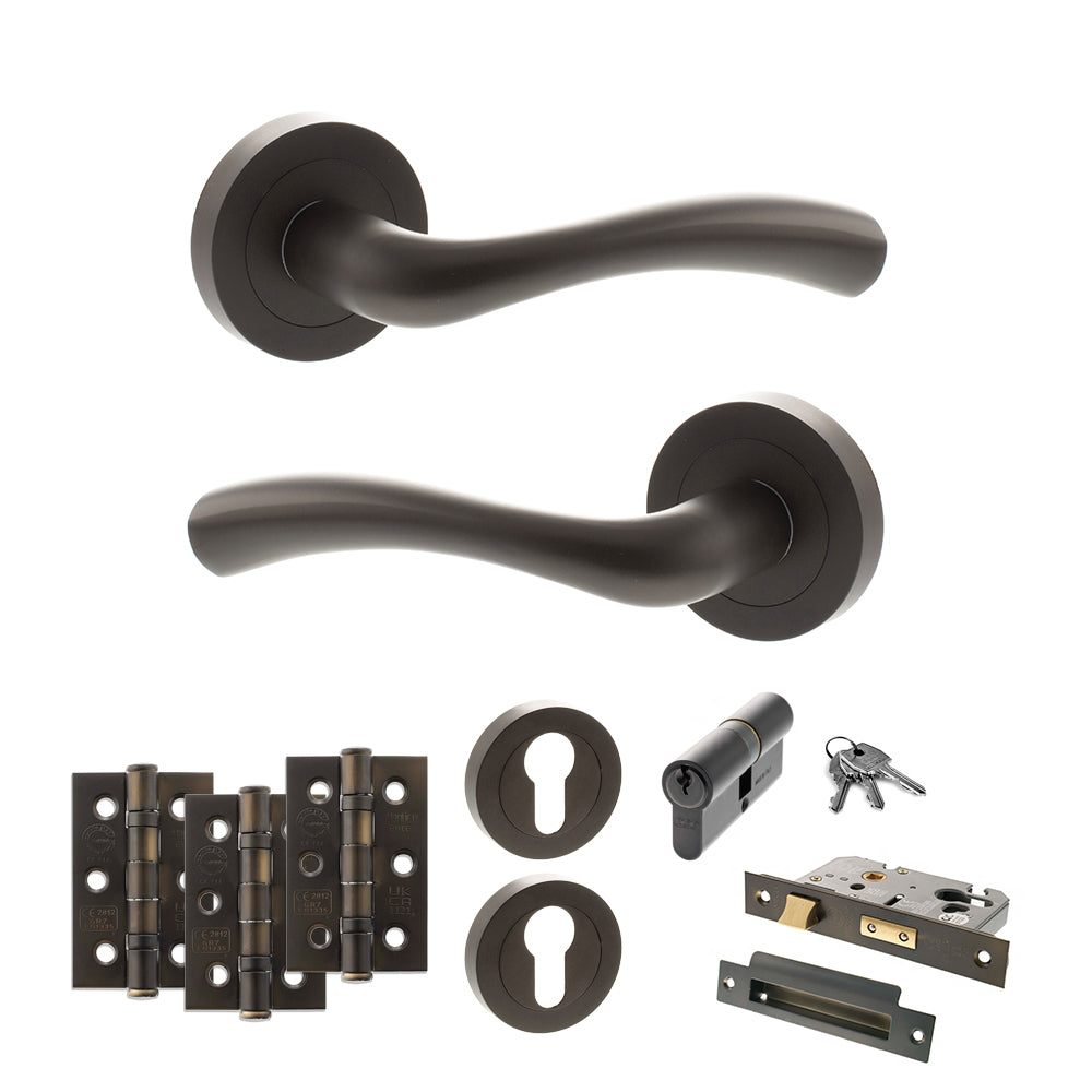 STATUS Texas Door Handle Pack (Euro Lock Set - 3" CE Sashlock, 3" Premium Hinges x3) - Urban Dark Bronze
