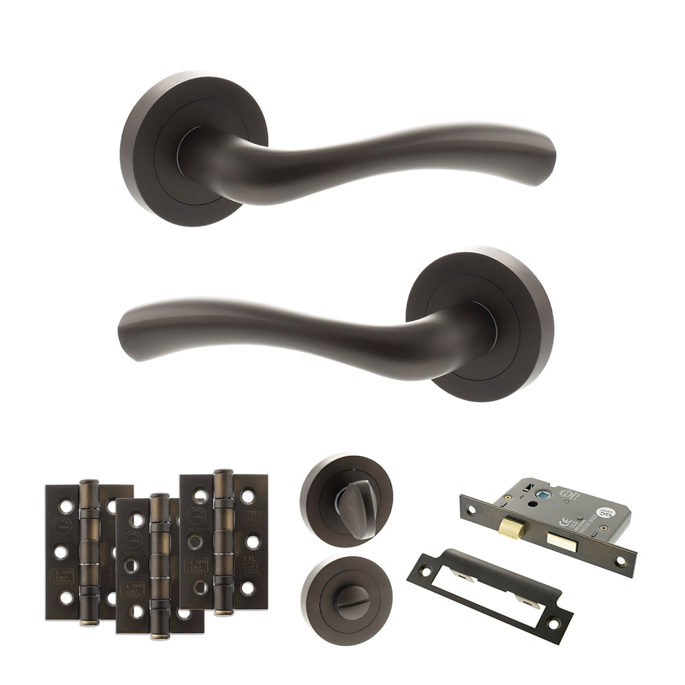 STATUS Texas Door Handle Pack (Bathroom Set - 2.5" CE Bathroom Lock, 3" Premium Hinges x3) - Urban Dark Bronze