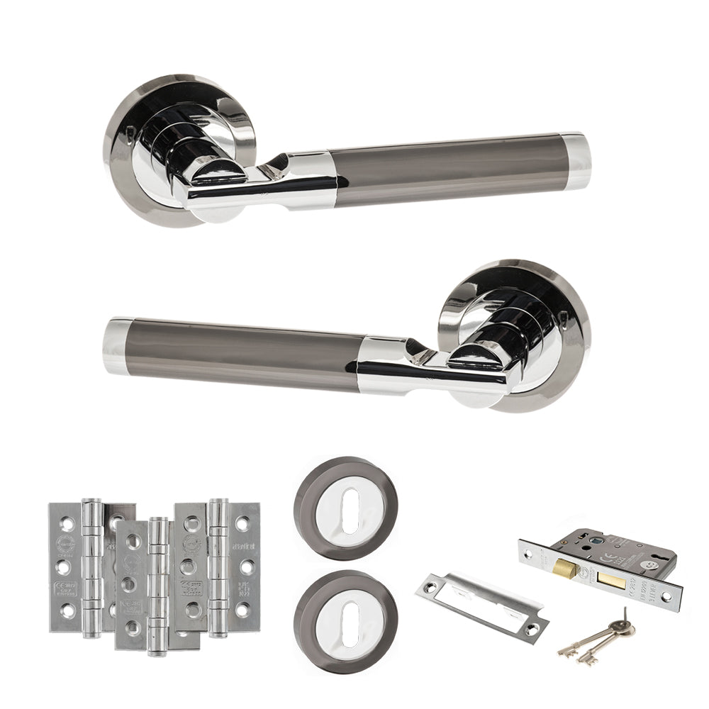 STATUS Dakota Door Handle Pack (3 Lever Lock Set - 3" CE Sashlock, 3" Premium Hinges x3) - Black Nickel/Polished Chrome