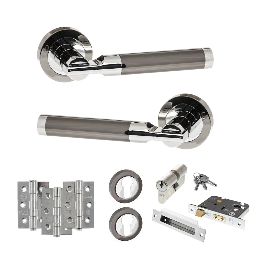 STATUS Dakota Door Handle Pack (Euro Lock Set - 2.5" CE Sashlock, 3" Premium Hinges x3) - Black Nickel/Polished Chrome