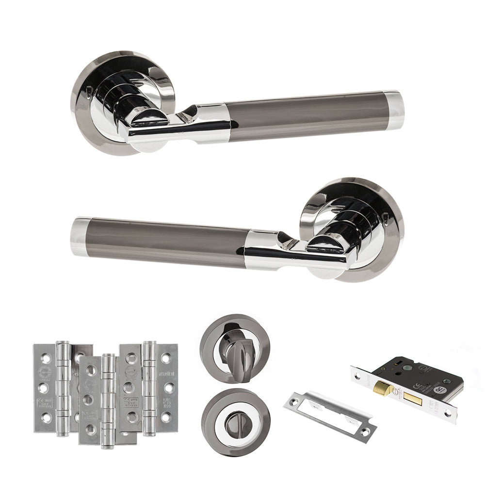 STATUS Dakota Door Handle Pack (Bathroom Set - 2.5" CE Bathroom Lock, 3" Premium Hinges x3) - Black Nickel/Polished Chrome