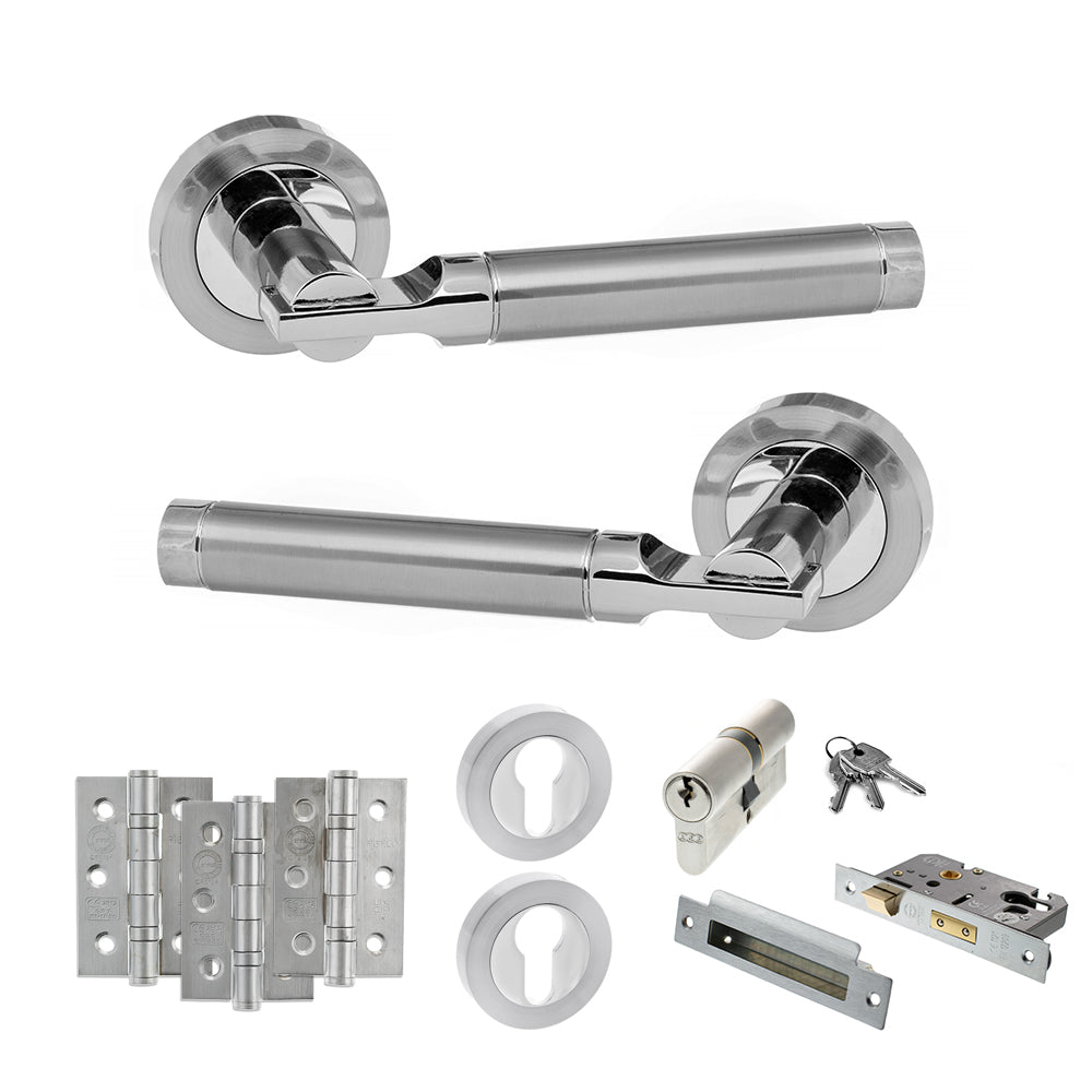 STATUS Dakota Door Handle Pack (Euro Lock Set - 3" CE Sashlock, 3" Premium Hinges x3) - Satin Chrome/Polished Chrome