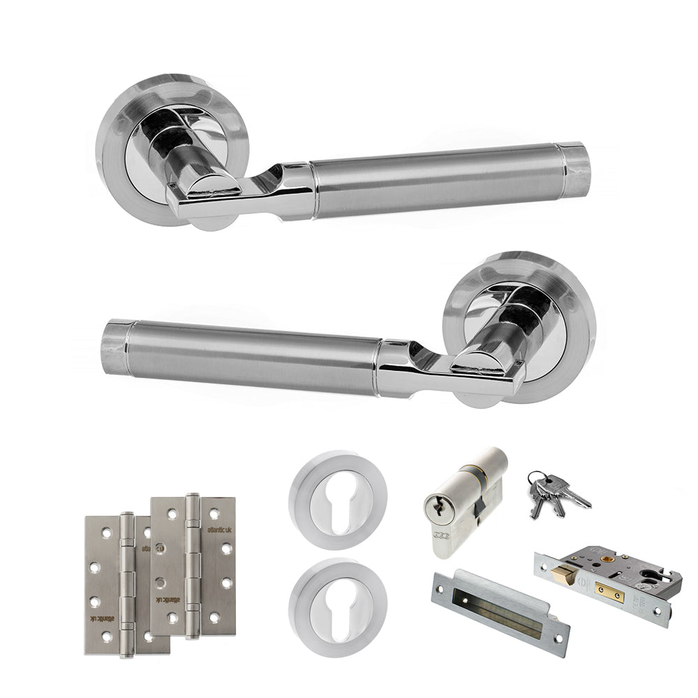 STATUS Dakota Door Handle Pack (Euro Lock Set - 3" CE Sashlock, 4" Slim Knuckle Hinges x2) - Satin Chrome/Polished Chrome