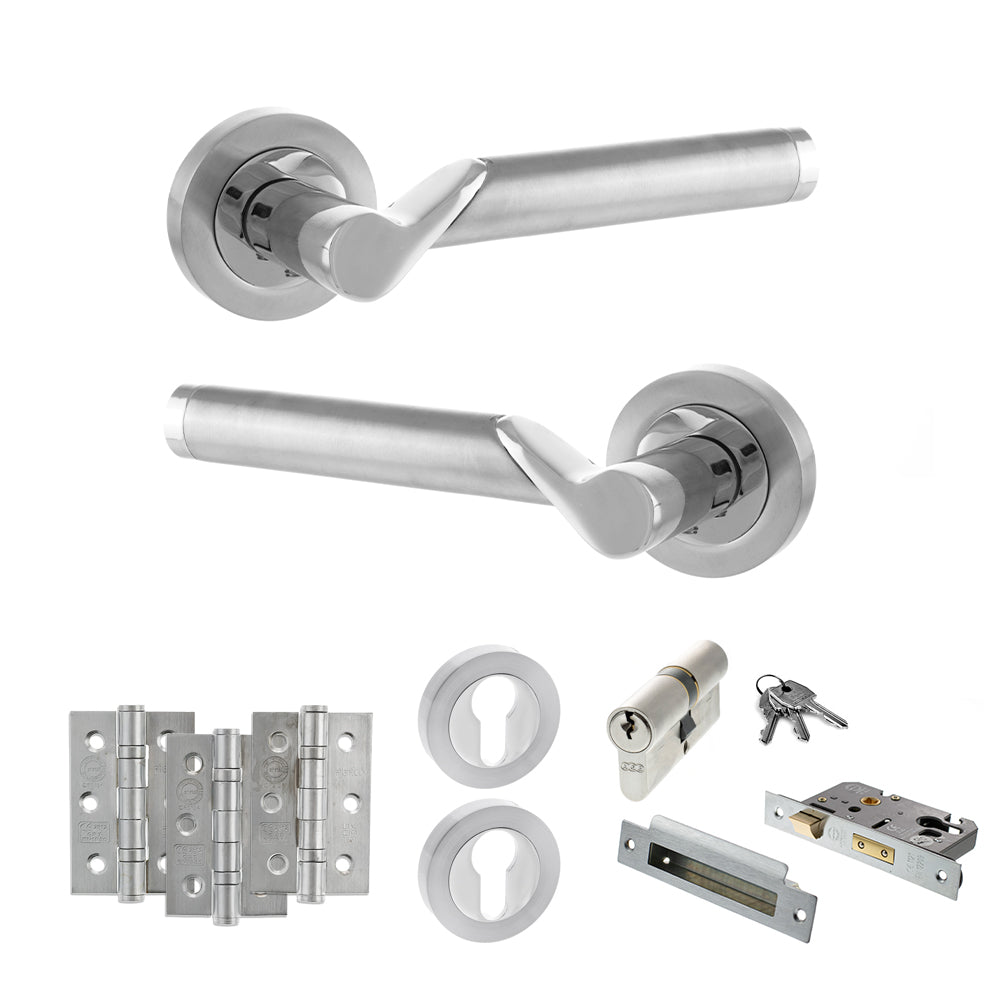 STATUS Hawaii Door Handle Pack (Euro Lock Set - 2.5" CE Sashlock, 3" Premium Hinges x3) - Satin Chrome/Polished Chrome