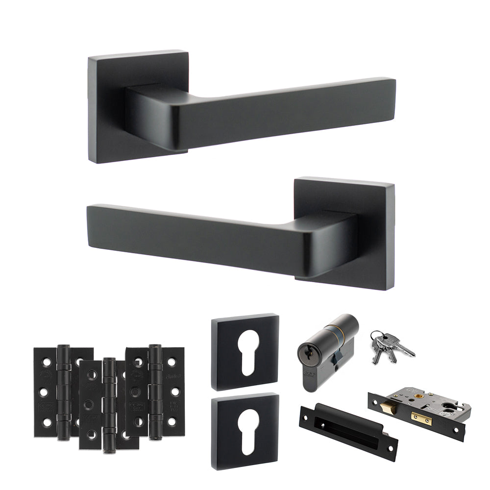 STATUS Montana Door Handle Pack (Euro Lock Set - 3" CE Sashlock, 3" Premium Hinges x3) - Matt Black