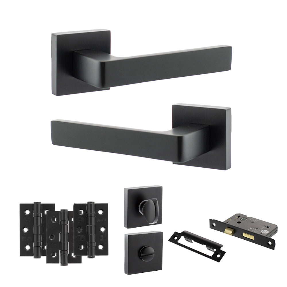 STATUS Montana Door Handle Pack (Bathroom Set - 2.5" CE Bathroom Lock, 3" Premium Hinges x3) - Matt Black