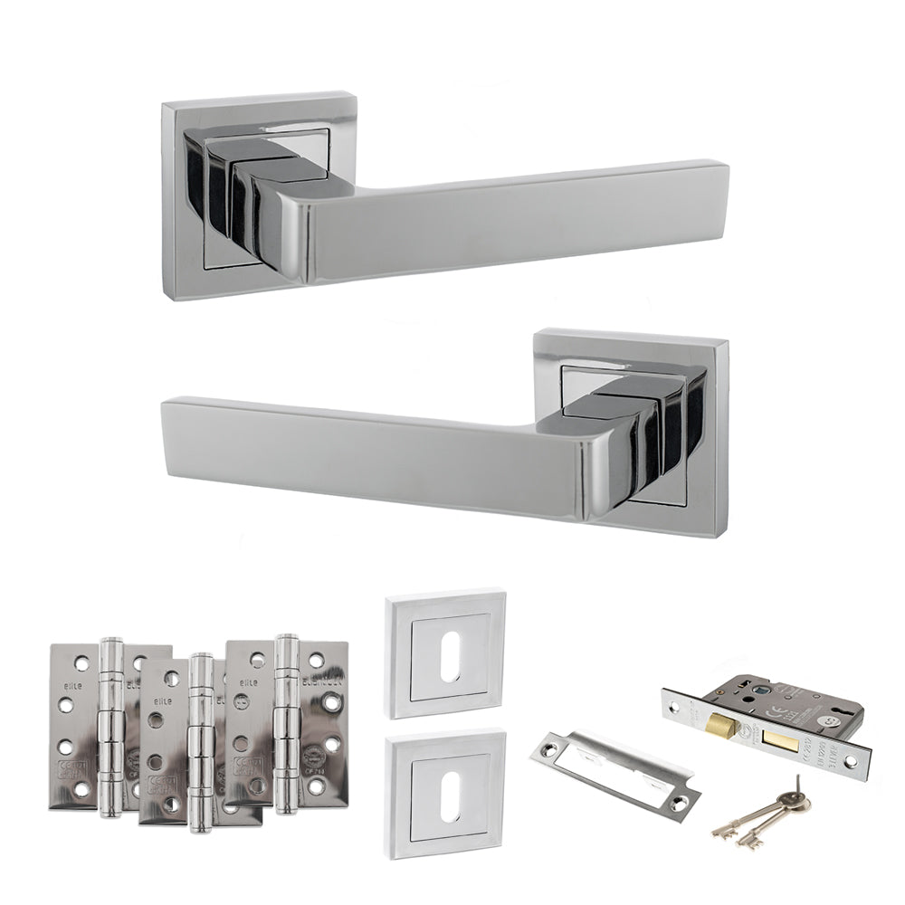 STATUS Montana Door Handle Pack (3 Lever Lock Set - 3" CE Sashlock, 4" Fire Rated Hinges x3) - Polished Chrome