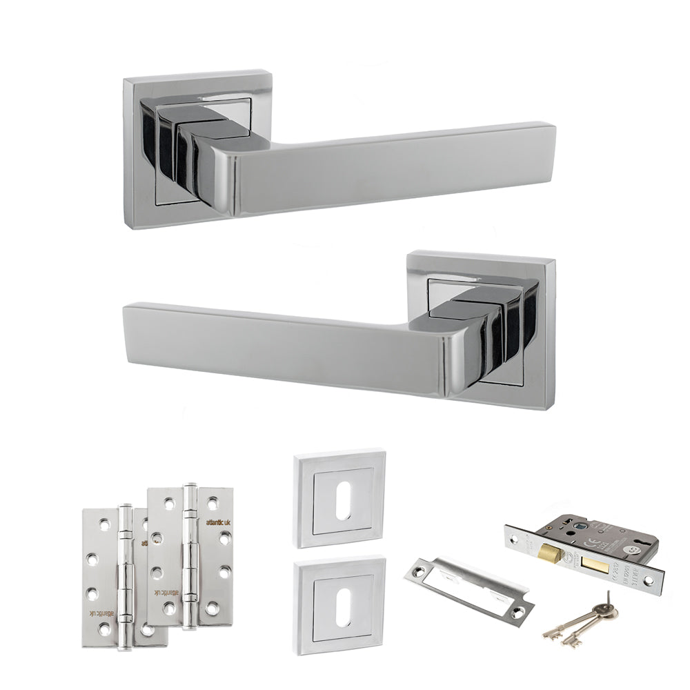 STATUS Montana Door Handle Pack (3 Lever Lock Set - 2.5" CE Sashlock, 4" Slim Knuckle Hinges x2) - Polished Chrome