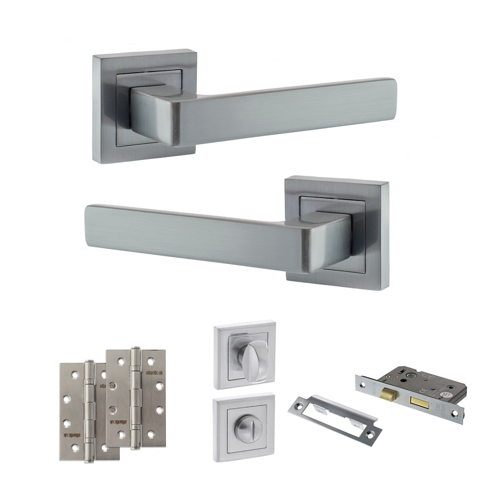 STATUS Montana Door Handle Pack (Bathroom Set - 2.5" CE Bathroom Lock, 4" Slim Knuckle Hinges x2) - Satin Chrome