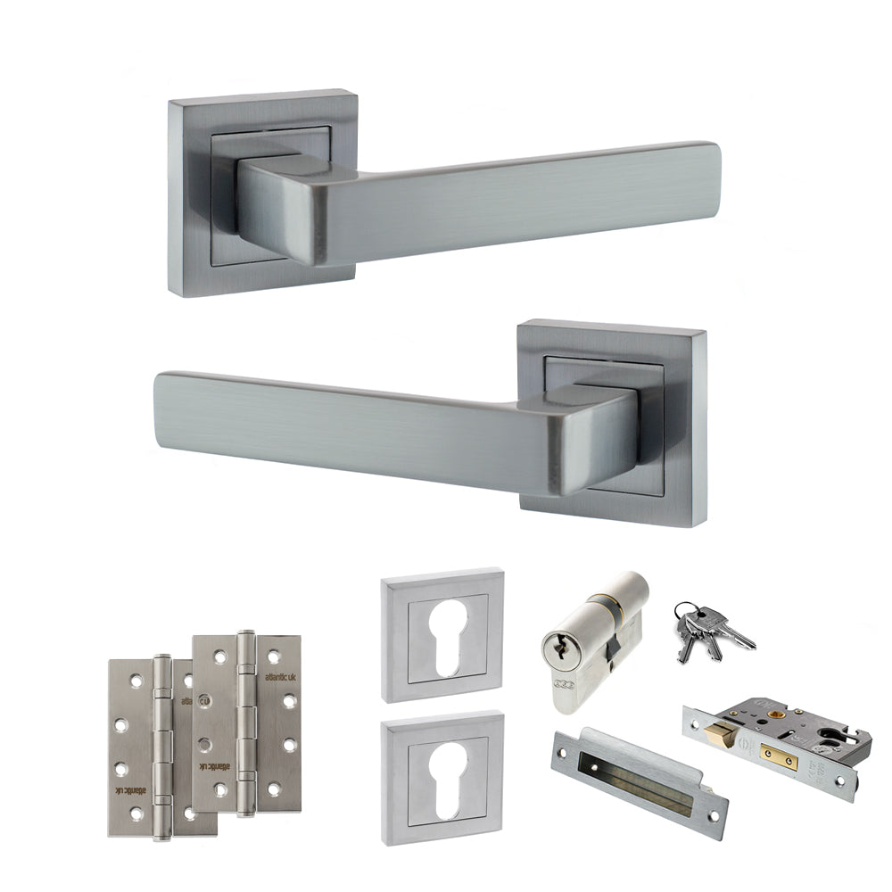 STATUS Montana Door Handle Pack (Euro Lock Set - 3" CE Sashlock, 4" Slim Knuckle Hinges x2) - Satin Chrome