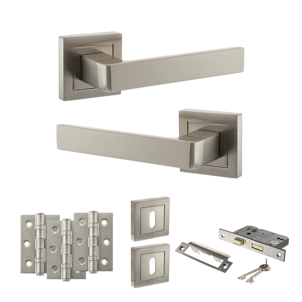 STATUS Montana Door Handle Pack (3 Lever Lock Set - 2.5" CE Sashlock, 3" Premium Hinges x3) - Satin Nickel