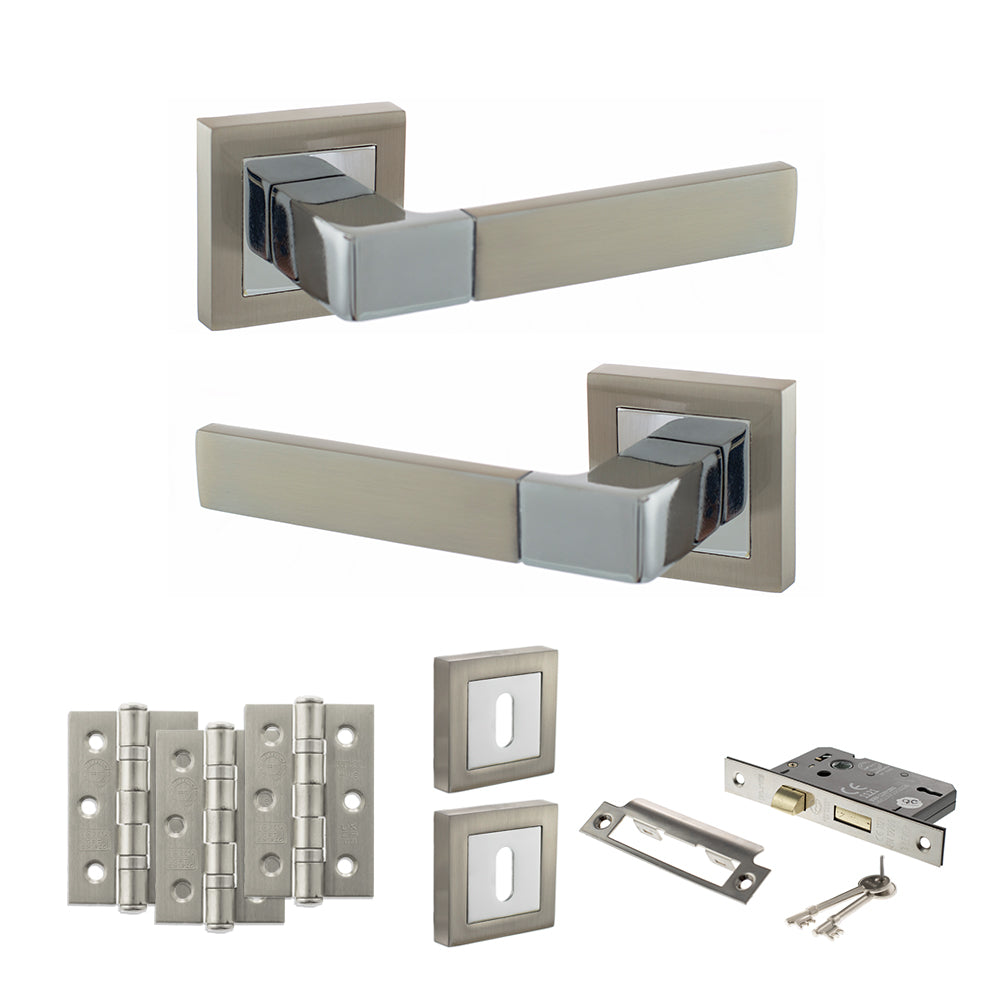 STATUS Montana Door Handle Pack (3 Lever Lock Set - 3" CE Sashlock, 3" Premium Hinges x3) - Satin Nickel/Polished Chrome