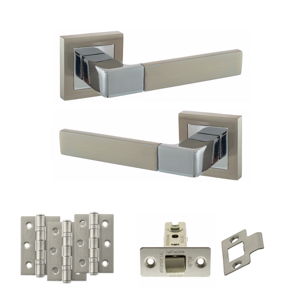 STATUS Montana Door Handle Pack (Latch Set - 2.5" CE Latch, 3" Premium Hinges x3) - Satin Nickel/Polished Chrome