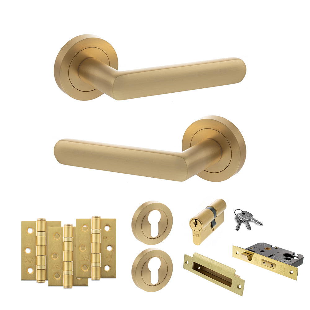 STATUS Carolina Door Handle Pack (Euro Lock Set - 2.5" CE Sashlock, 3" Premium Hinges x3) - Satin Brass