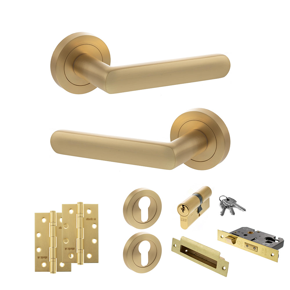 STATUS Carolina Door Handle Pack (Euro Lock Set - 2.5" CE Sashlock, 4" Slim Knuckle Hinges x2) - Satin Brass