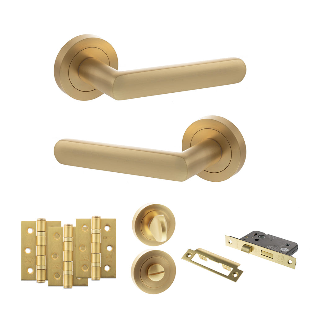 STATUS Carolina Door Handle Pack (Bathroom Set - 2.5" CE Bathroom Lock, 3" Premium Hinges x3) - Satin Brass