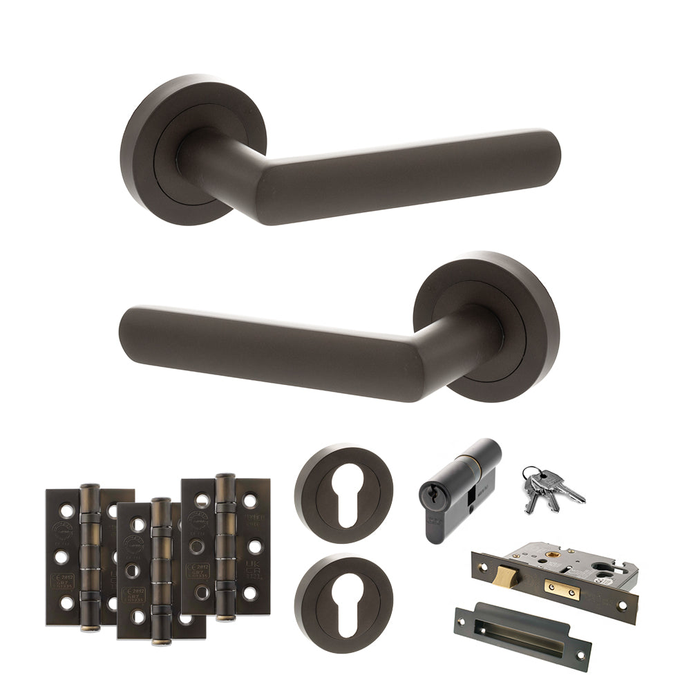 STATUS Carolina Door Handle Pack (Euro Lock Set - 2.5" CE Sashlock, 3" Premium Hinges x3) - Urban Dark Bronze